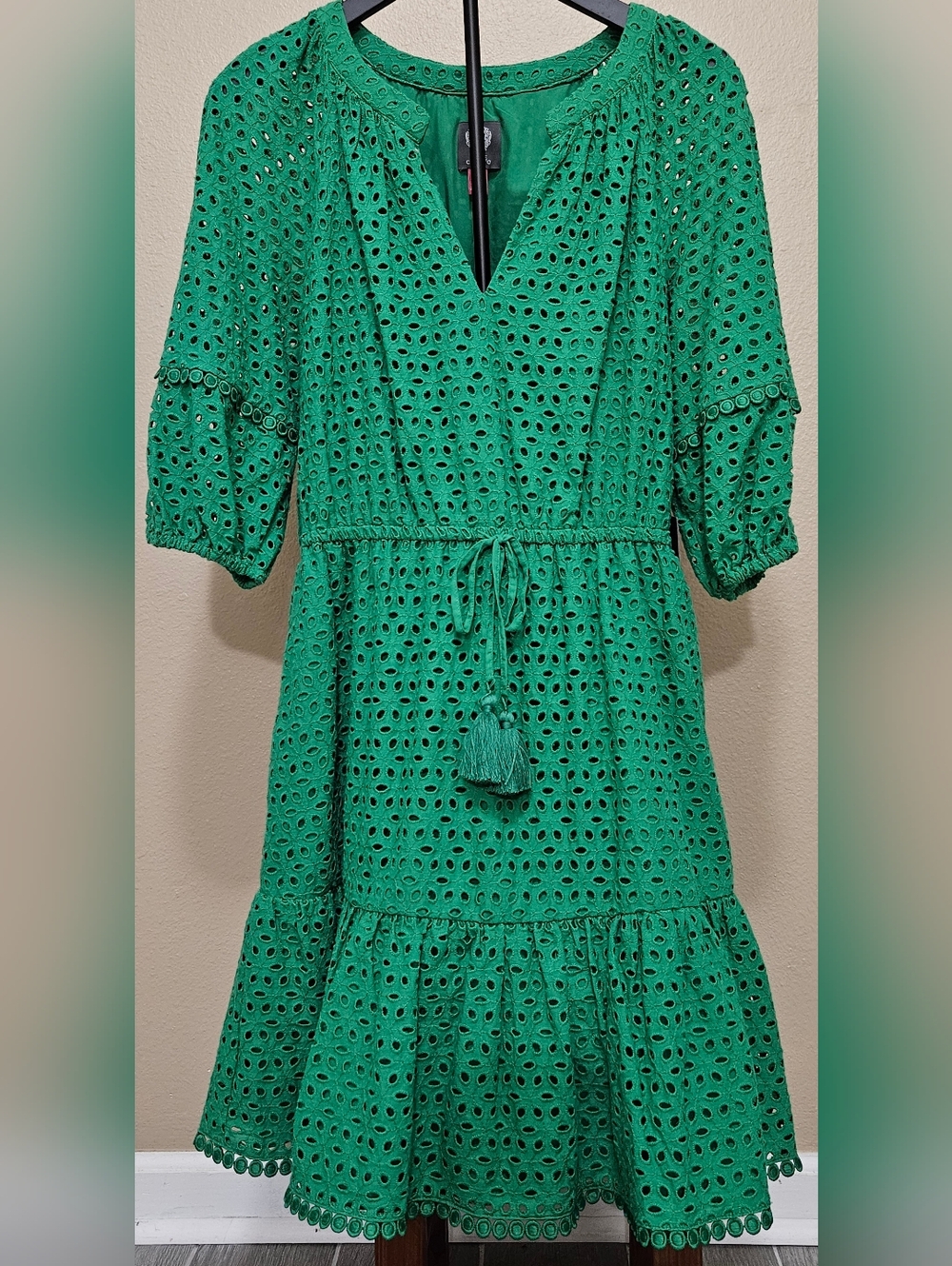 Green Eyelet Tassel Tie Waist Dress
